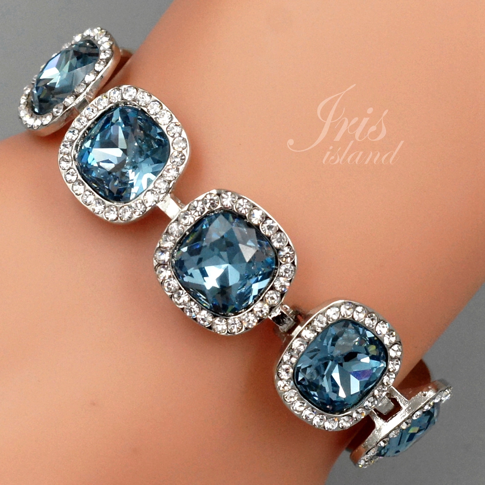 Women Rhodium Plated Aqua Blue Crystal Rhinestone Tennis Bracelet Jewelry 06491