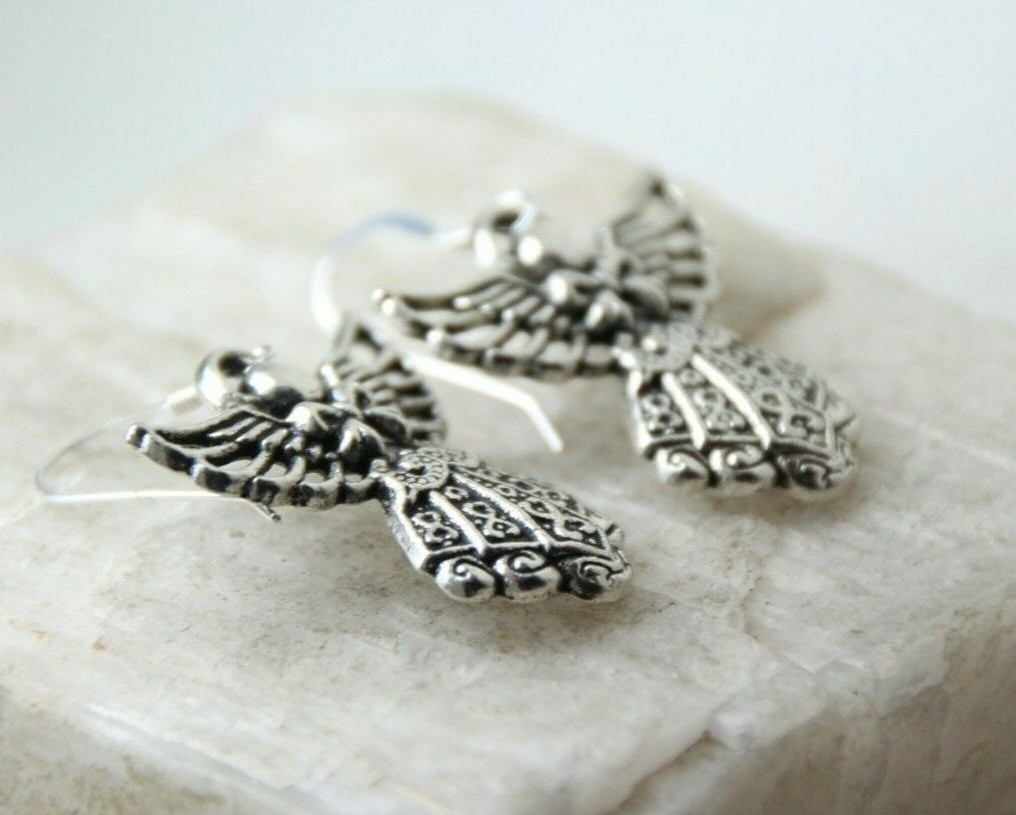 Angel Charm Earrings 925 Sterling Silver Hooks Pewter Pendants 1 1/4″ Angels