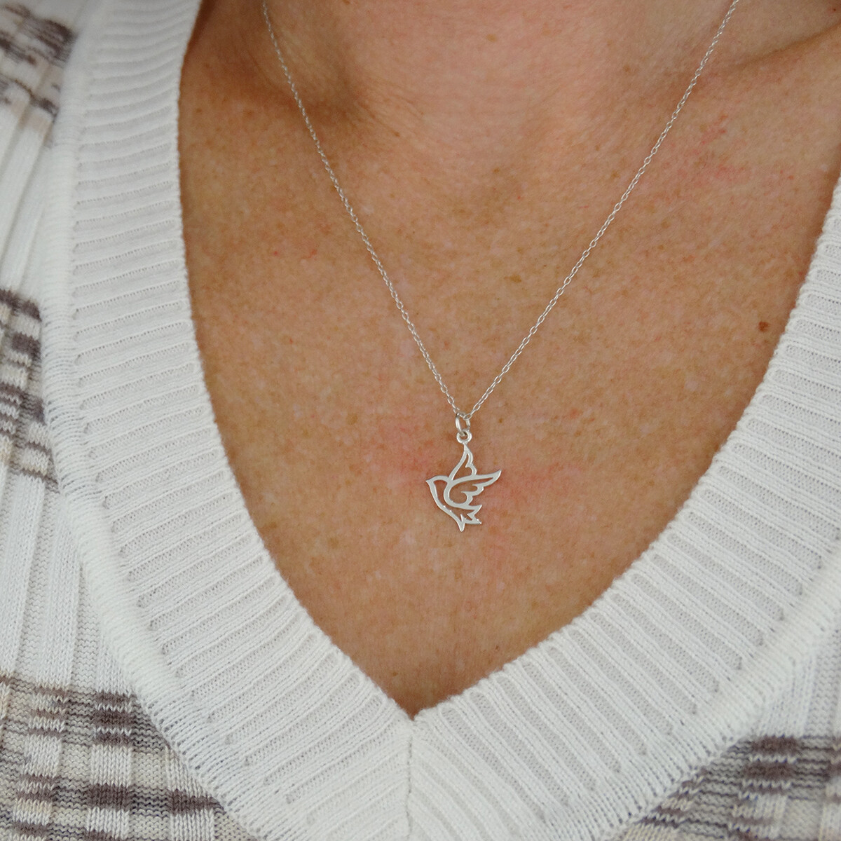 Dove Outline Charm Necklace – 925 Sterling Silver – Bird Peace Christian Faith