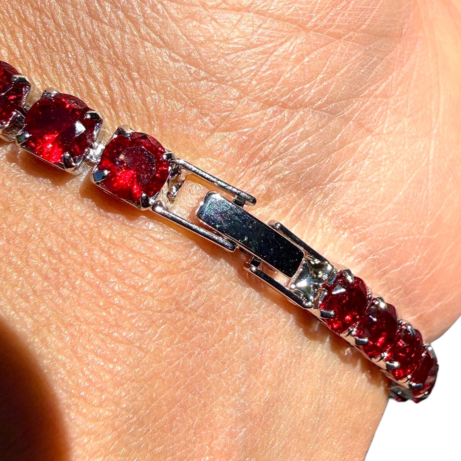 Tennis Bracelet Red Stones Silver Plated 6.7in 7.5in Dainty