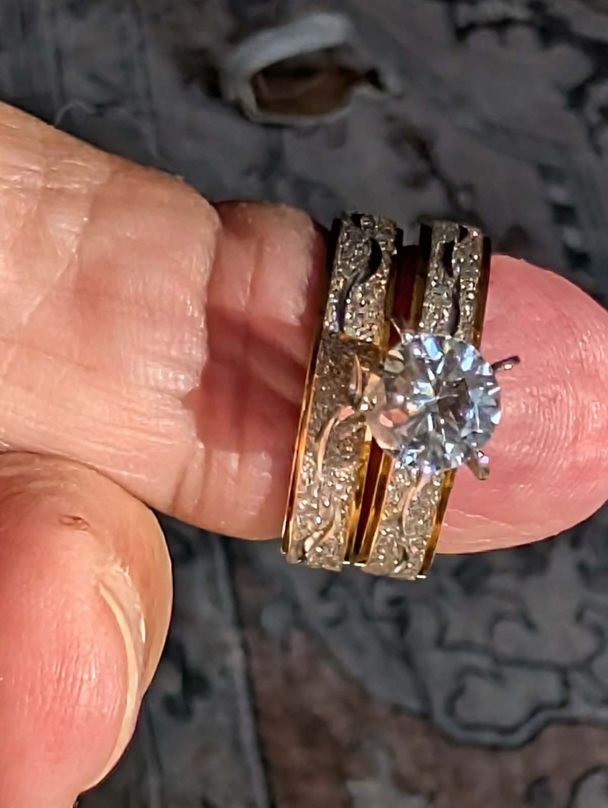 Gold & Silver Color Engagement & Wedding Ring Set – Created Diamond, Etched
