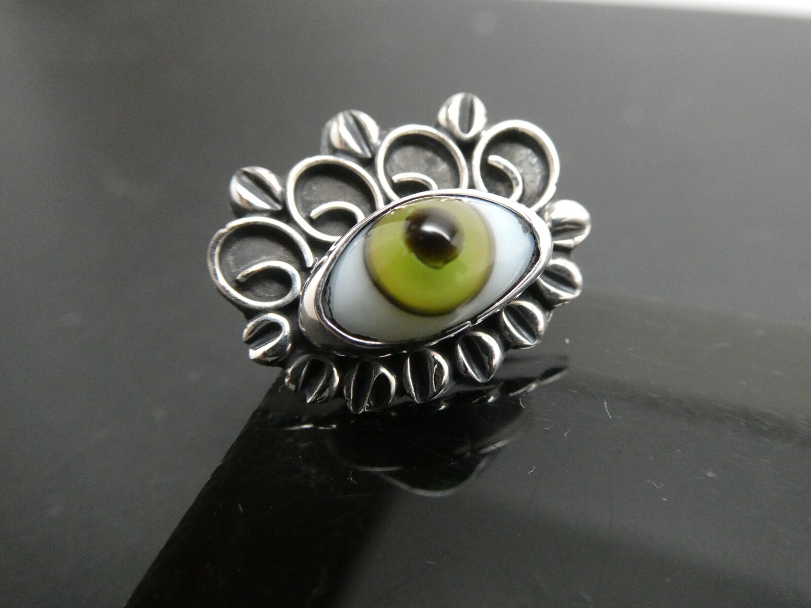 Green Evil EYE Sterling Silver 925 Taxco Mexico RING Adjustable Size 7 to 9