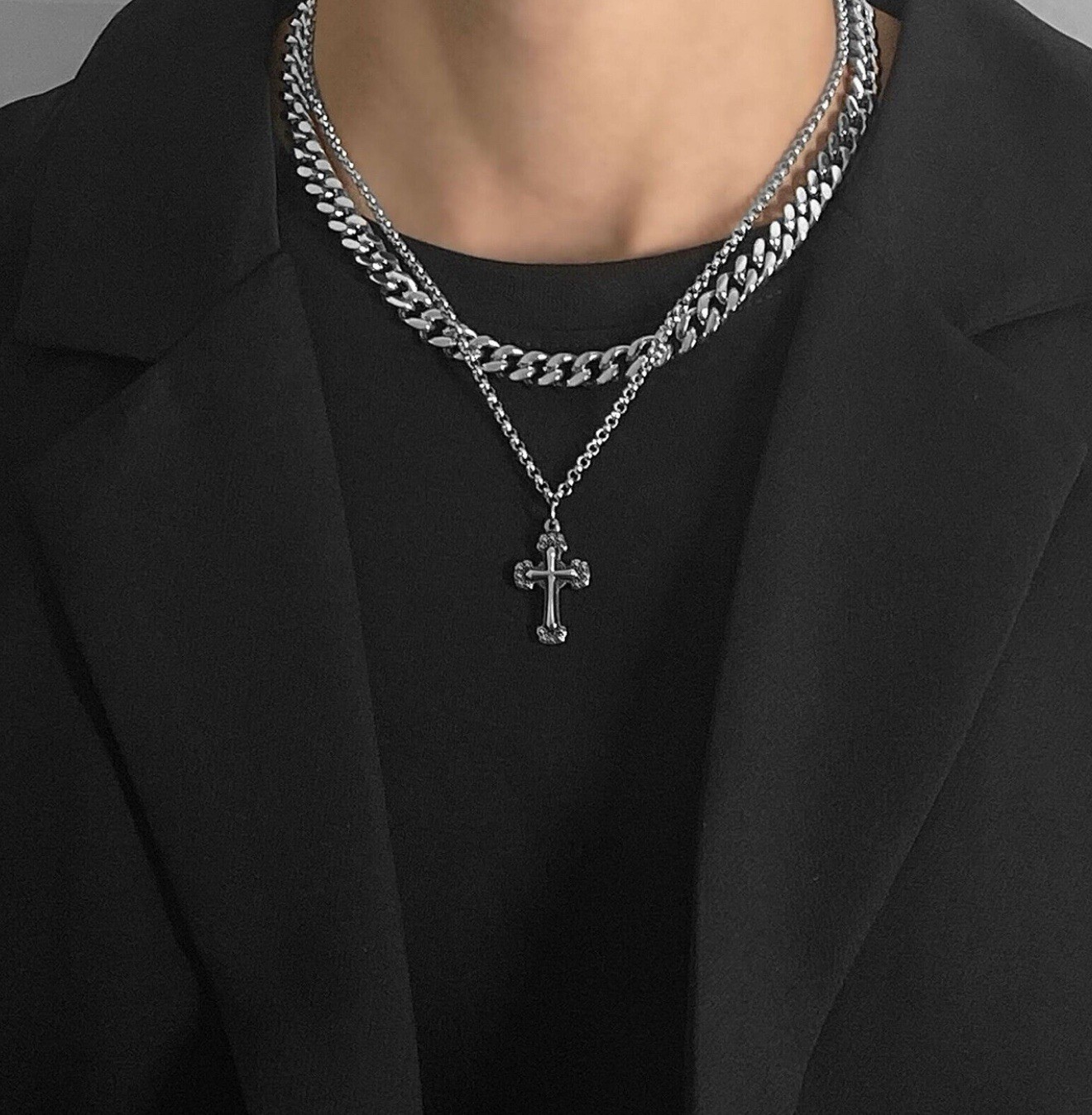 Mens Double Layer Cross Necklace Stainless Steel Chain Hip Hop Unisex Women New