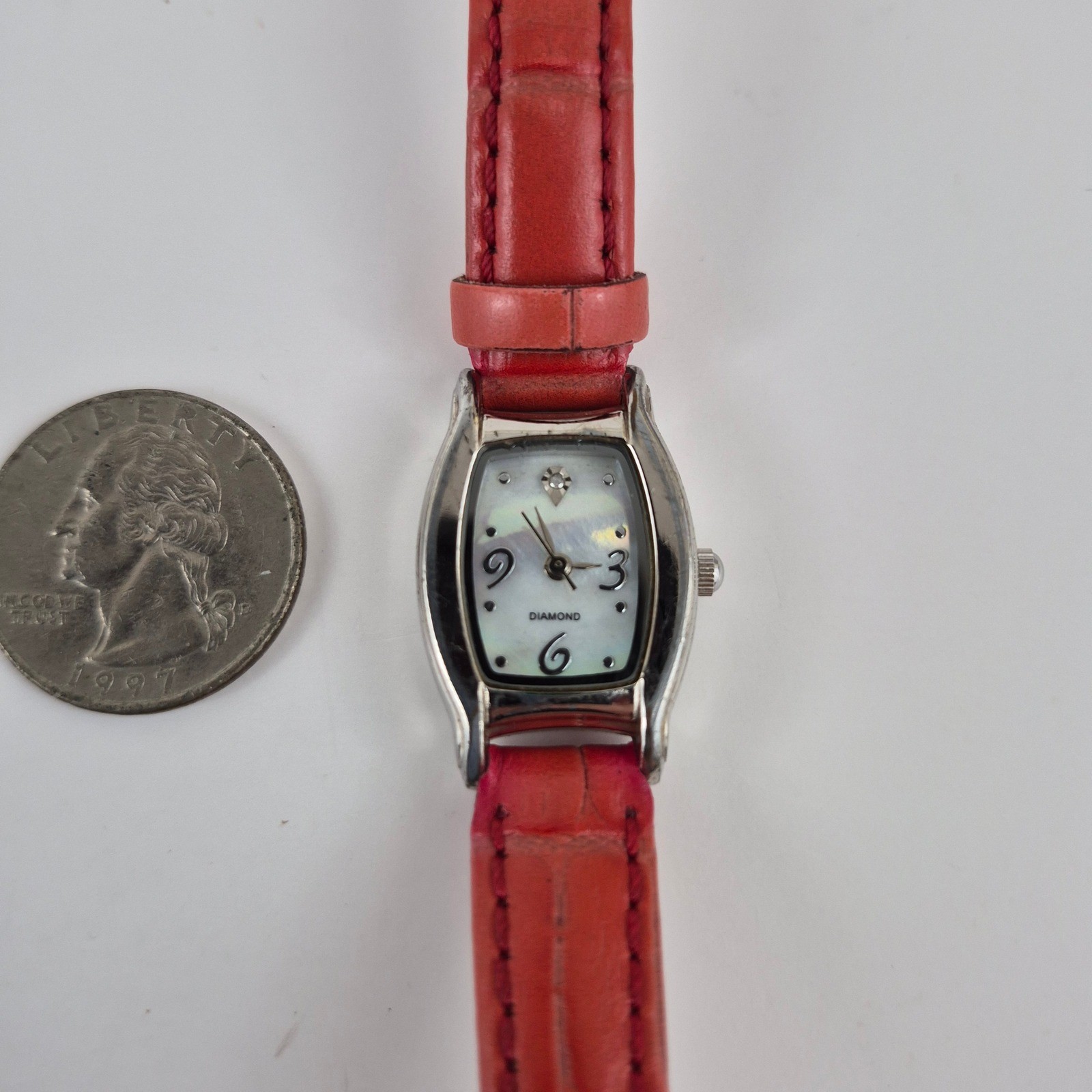 Stuller Vintage Diamond Mother of Pearl Watch Red Leather Strap F325417-1/LS