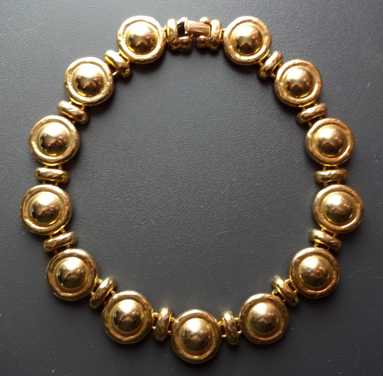 Vtg 70-80s Designer Brite Gold Tone Heavy Wide Button/Coins Choker Necklace RARE