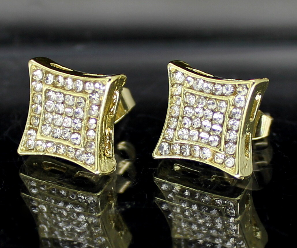 Men Women CZ Earrings Kite Design Iced 12mm Studs 14k Gold Plated HipHop Fashion