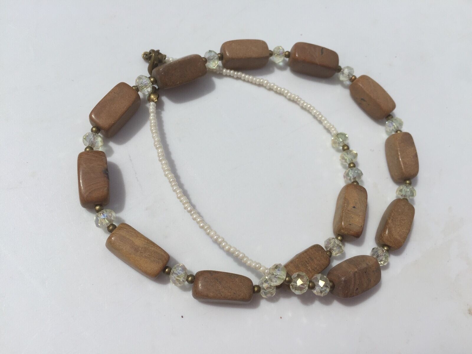 Handmade Necklace of Brown Marble and Pale Yellow Crystal Glass w/ Bronze Beads