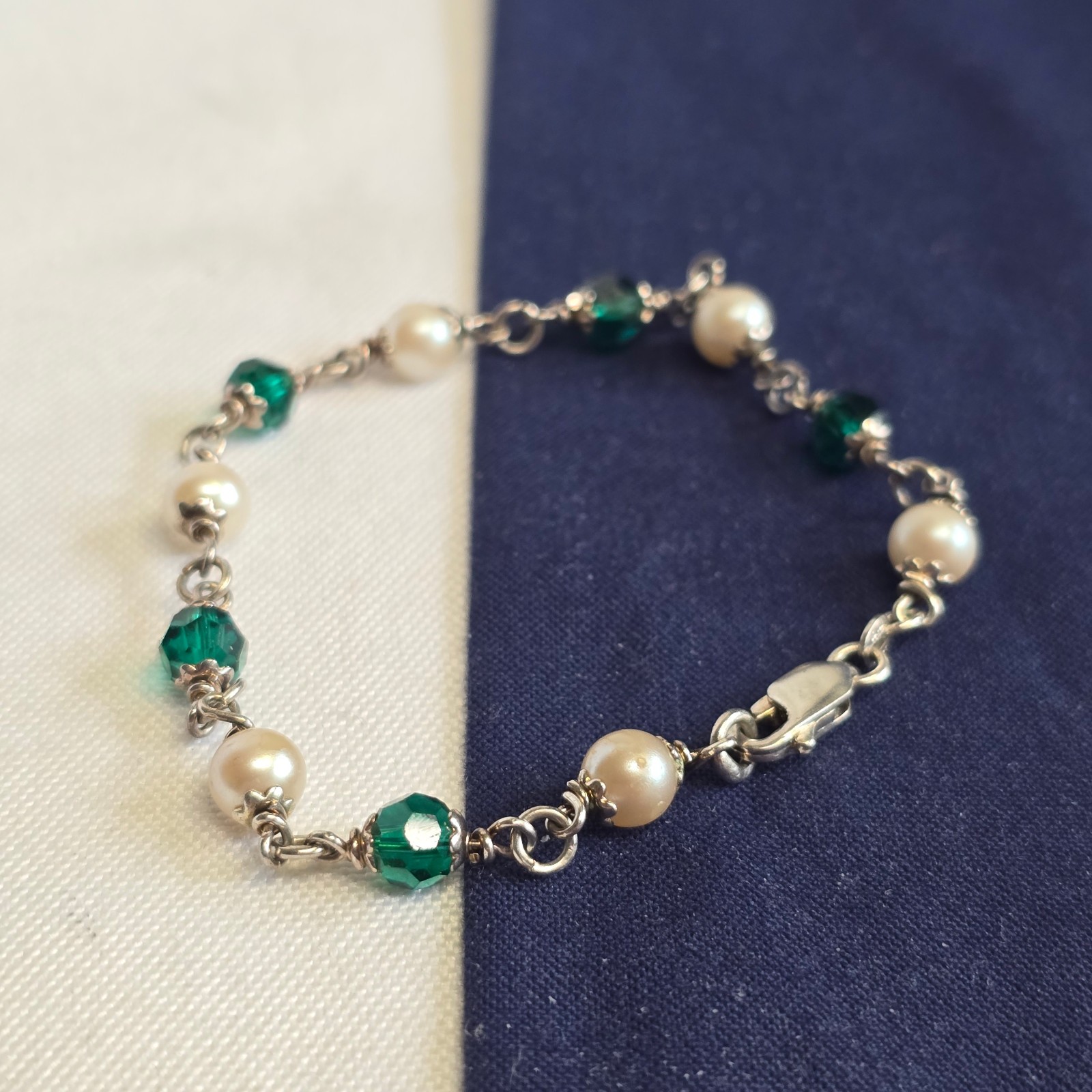 Sterling Silver Bracelet 7.36g Jewelry 7.5″ Faux Pearls & Green Stones *READ*