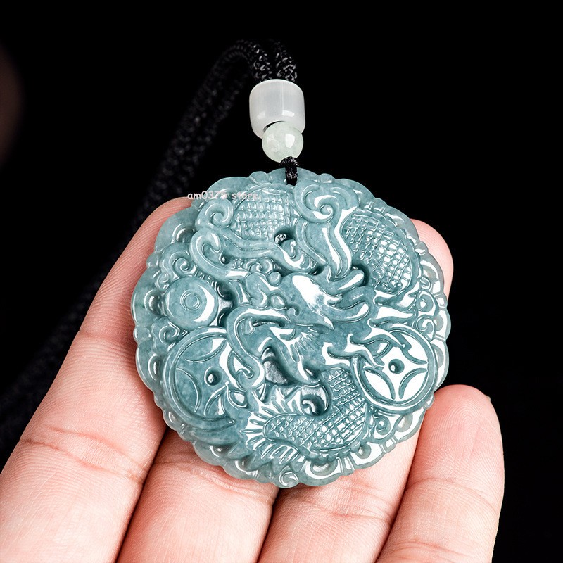 Natural Grade A Jade Jadeite Blue Water Women’s Men Round Ziodiac Dragon Pendant