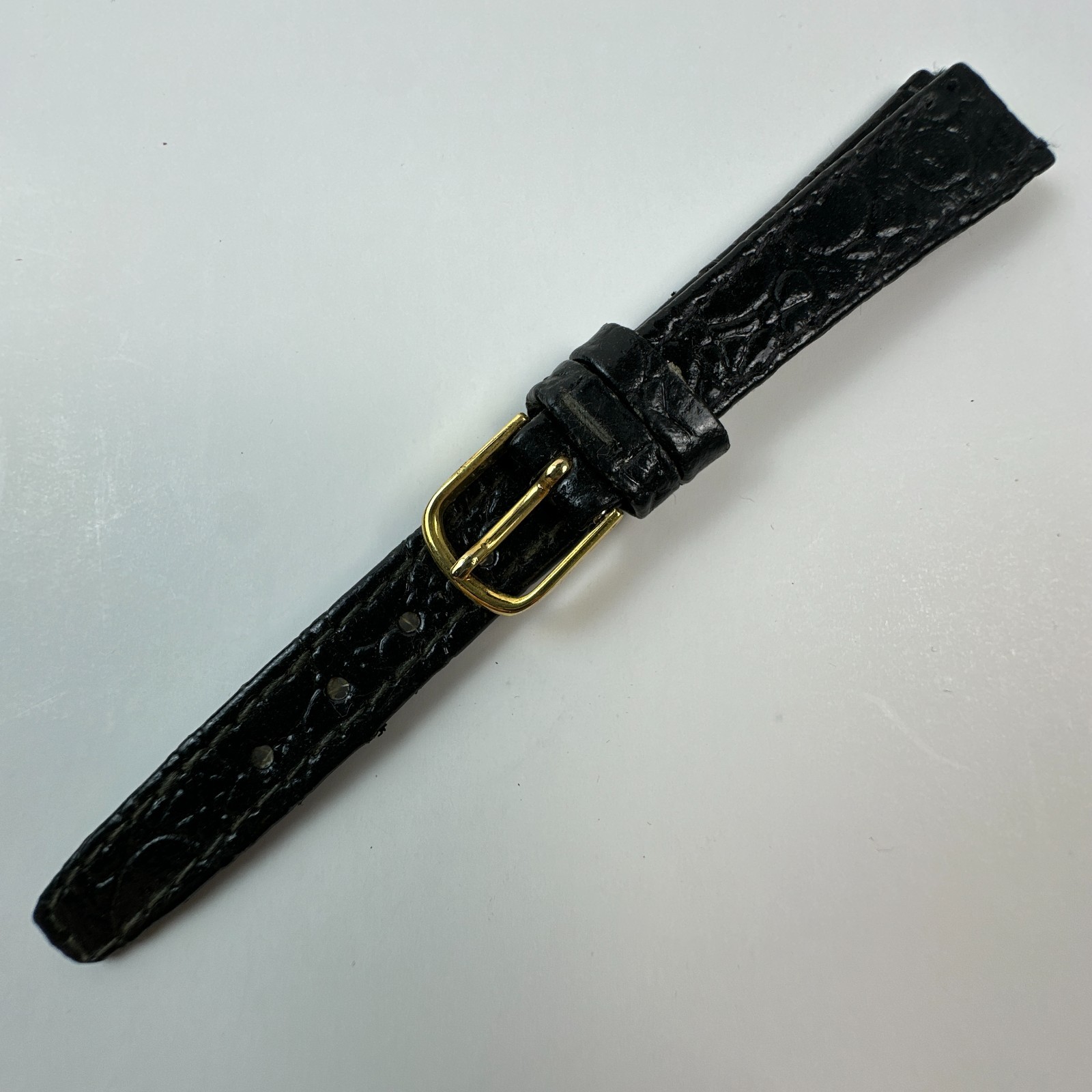 Womens Watch Bands Black 13mm Leather Crocodile Grain Two Piece Strap Gold Tone