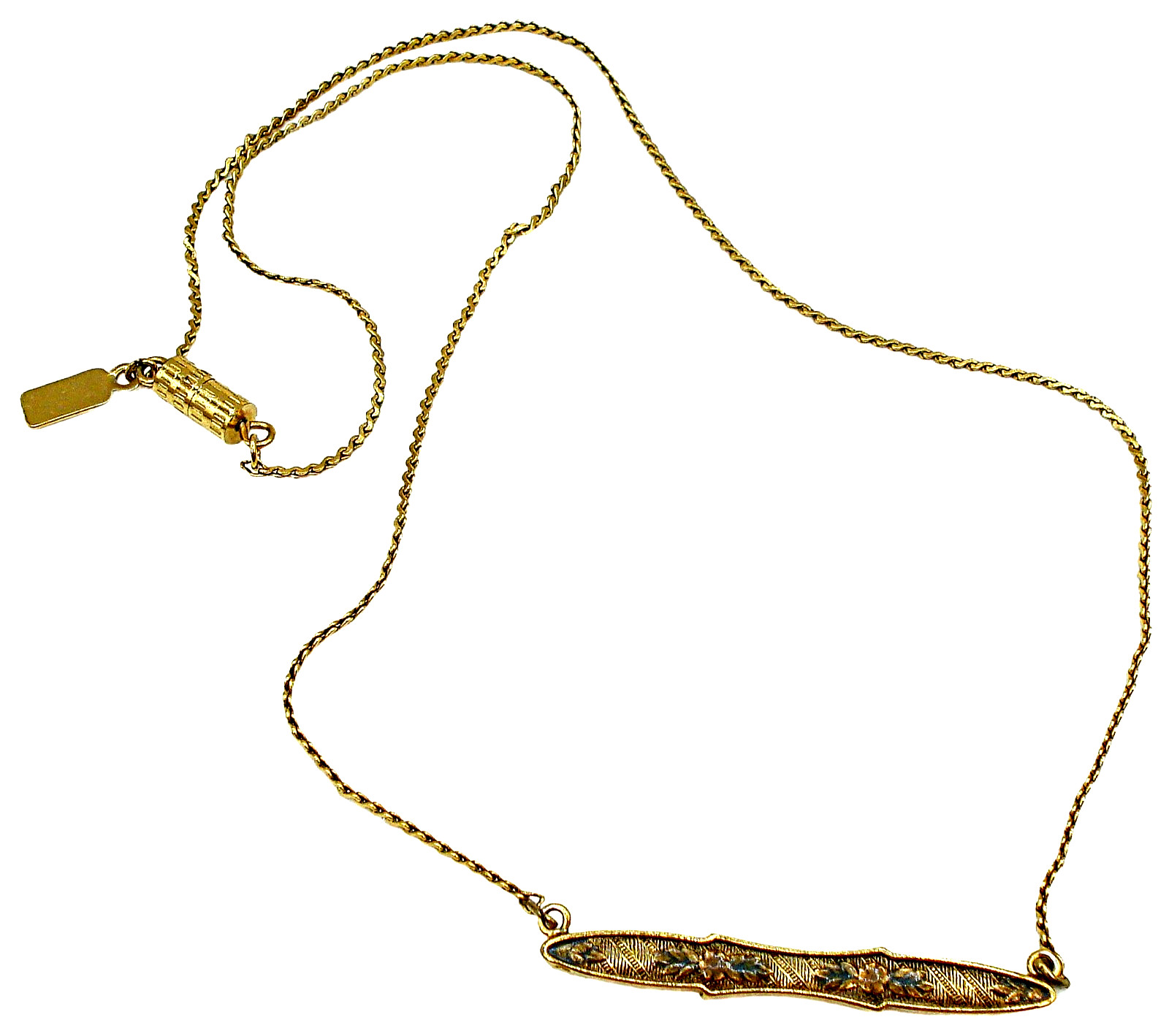 VINTAGE 1928 VICTORIAN REV NECKLACE 15″ 1.5″ BAR FLORAL DAMASCENE GOLD TN BLACK