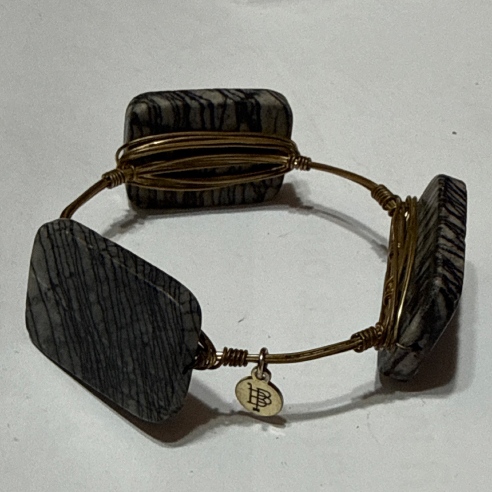 Bourbon & Boweties Gray/Black Zebra Jasper Spiderweb Stone Wire Bangle Bracelet