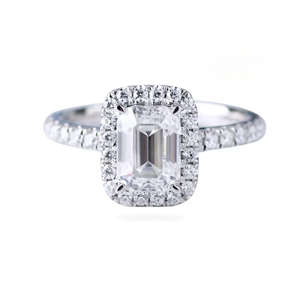 Solid 14K White Gold Moissanite Halo Engagement Ring Emerald Cut 2 Carat F/VVS1
