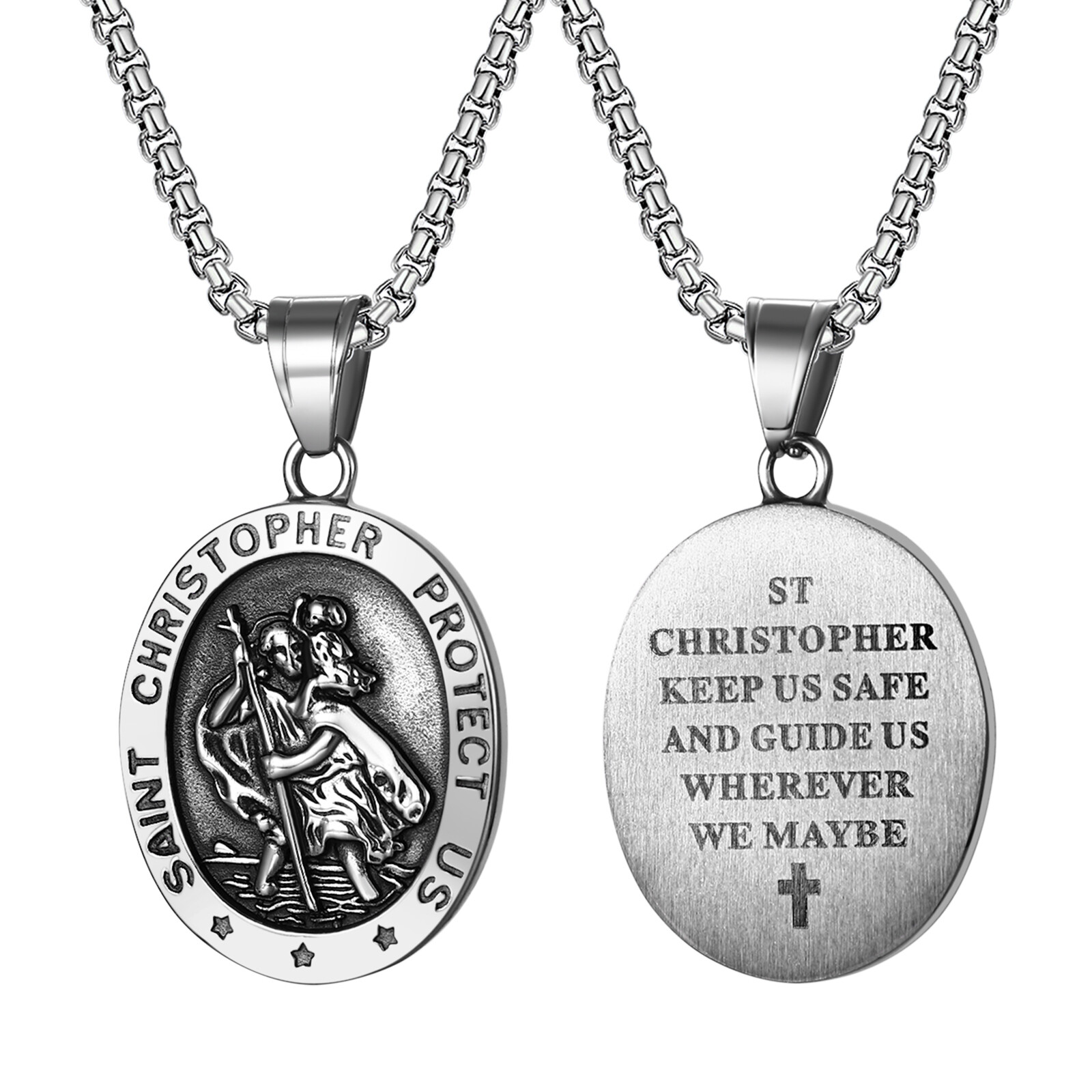 St. Christopher Medal Religious Amulet Pendant Stainless Steel Catholic Necklace