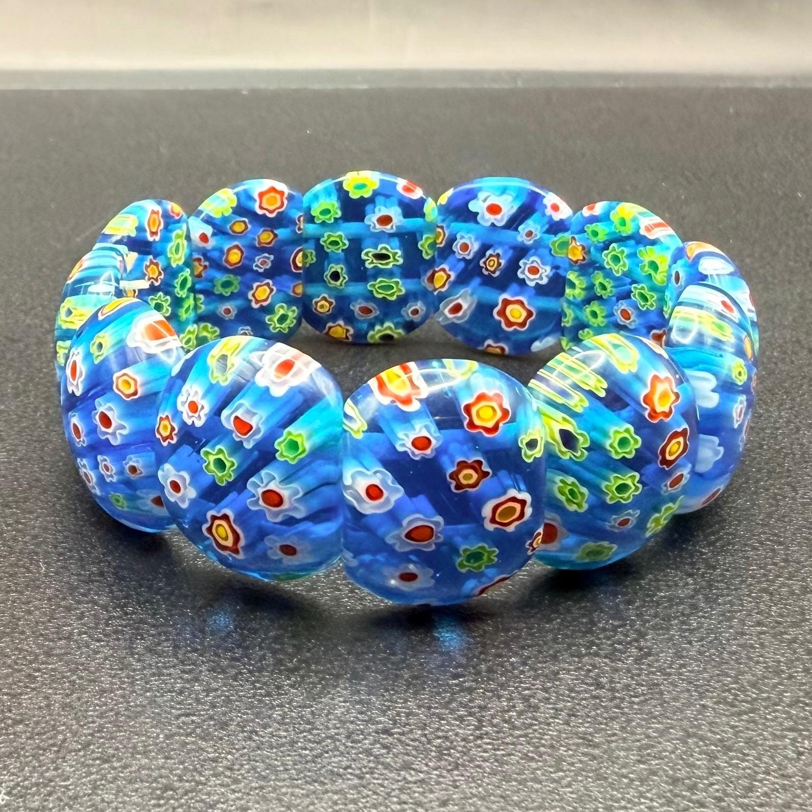 Millefiori Glass Stretch Bracelet Blue Floral Beads Vivid Colors 7″ Caned Glass