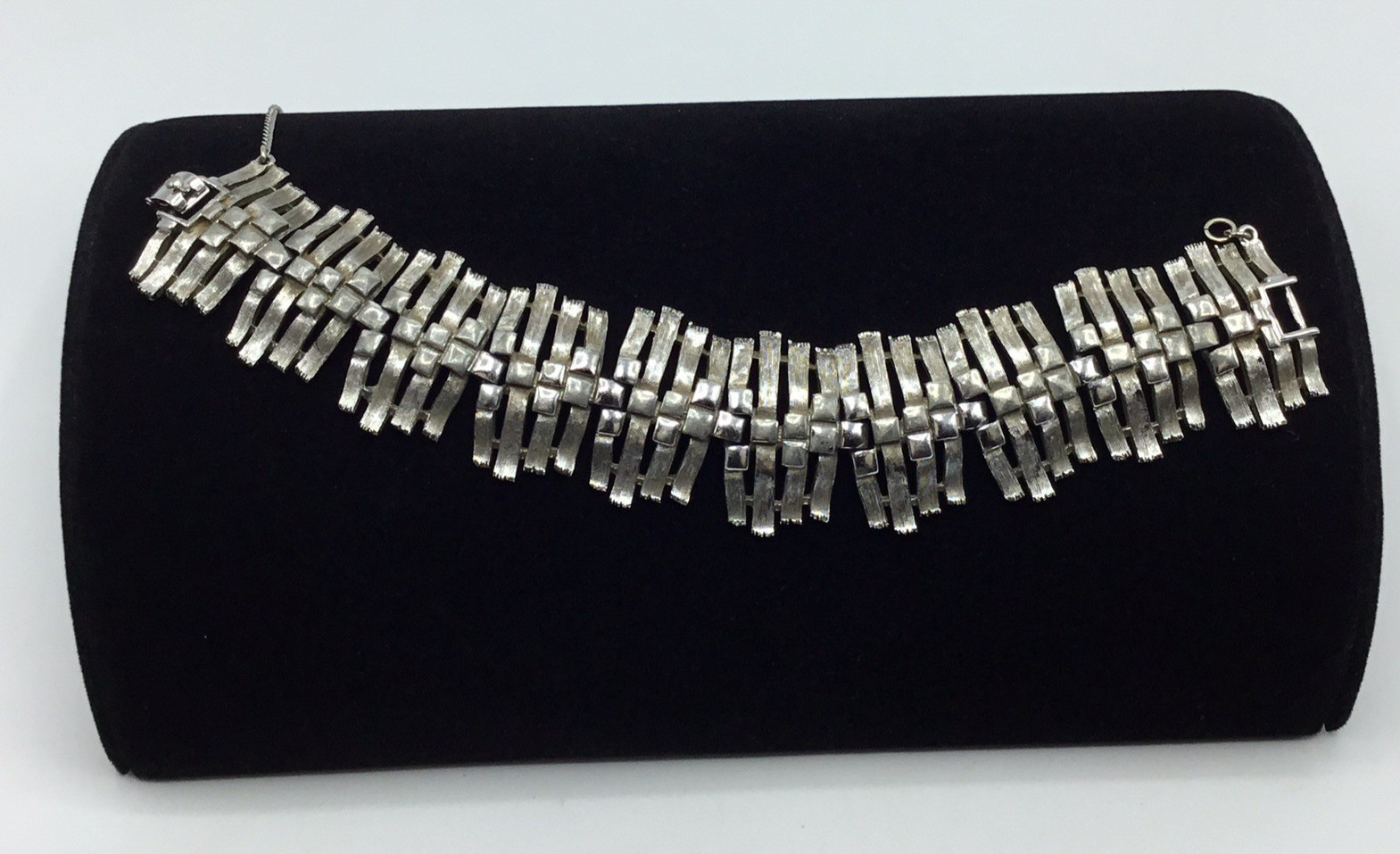 Vintage Monet Silver Tone Brutalist Bracelet with Safety Chain
