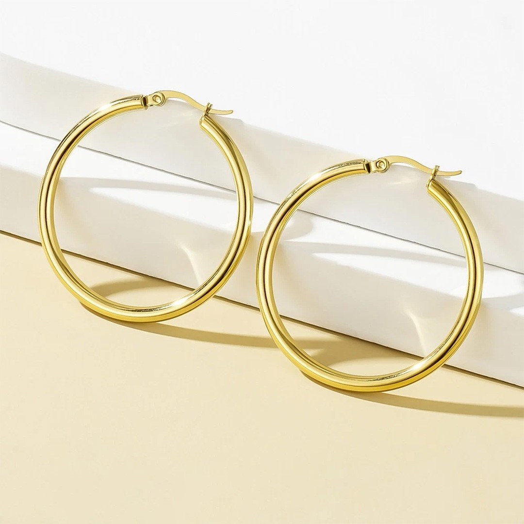 25mm 14K Real Solid Yellow Gold Shiny Polished Round Creole Hoop Earrings Gift