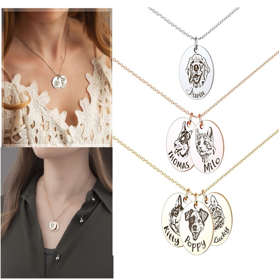 Personalized Pet Portrait Necklace Custom Family Portrait Engraving Photo Gift A