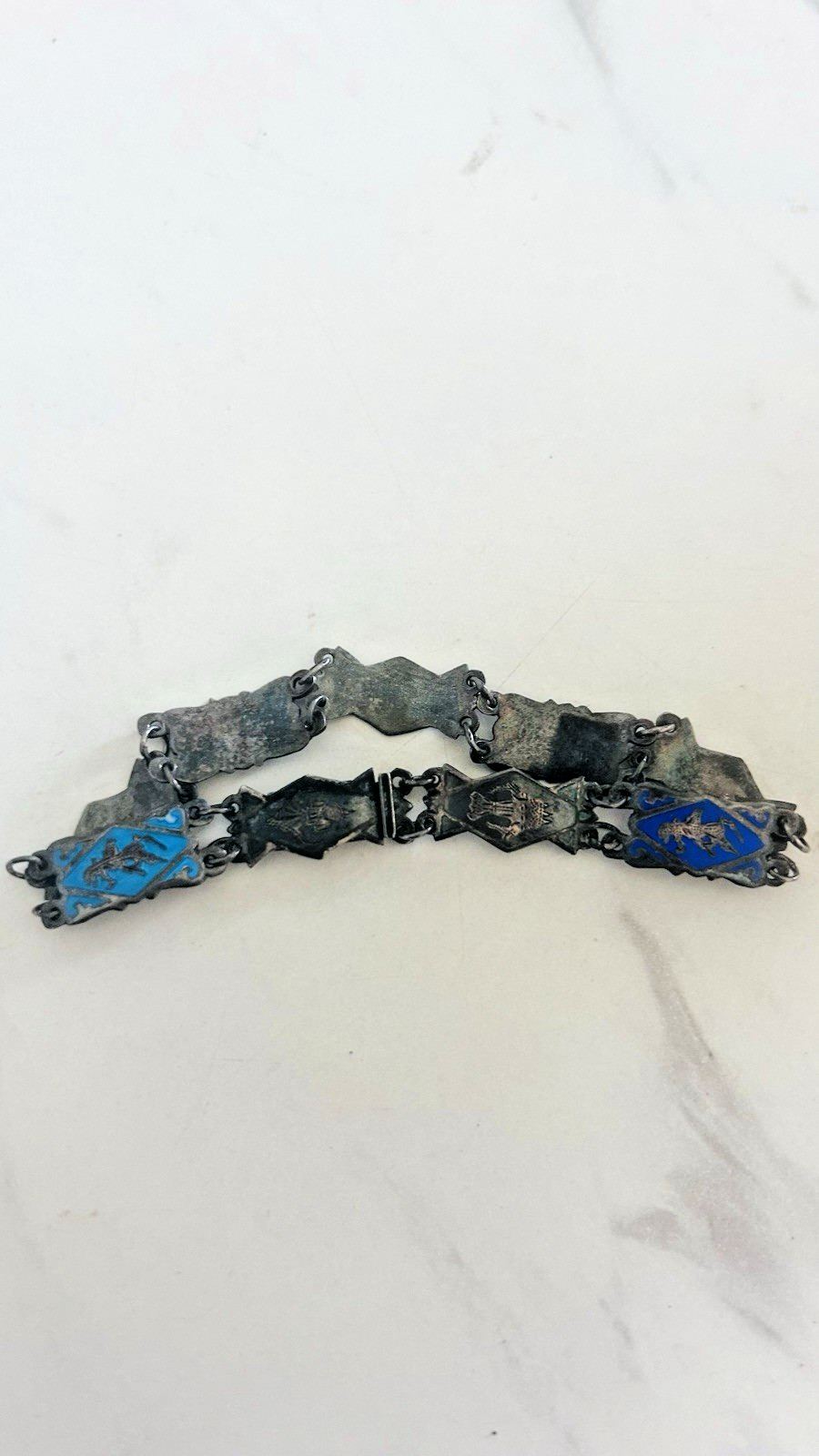 Vintage Siam Sterling Silver Niello 8 Panel Bracelet Thai Deities Gods 7 1/4″