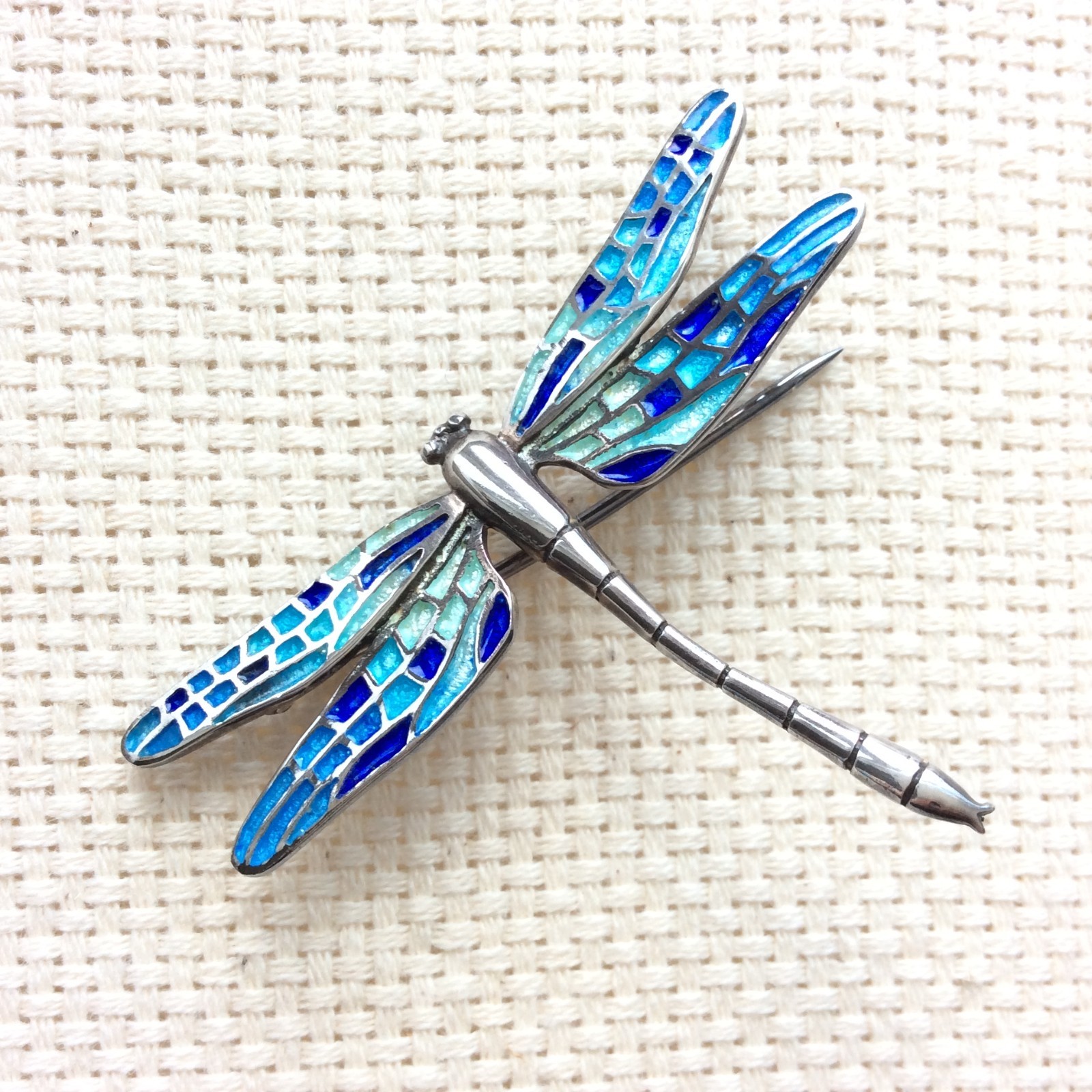 Arior dragonfly brooch pendant – Silver – Enamel Blue Mosaic – 5cm/2in – Boxed