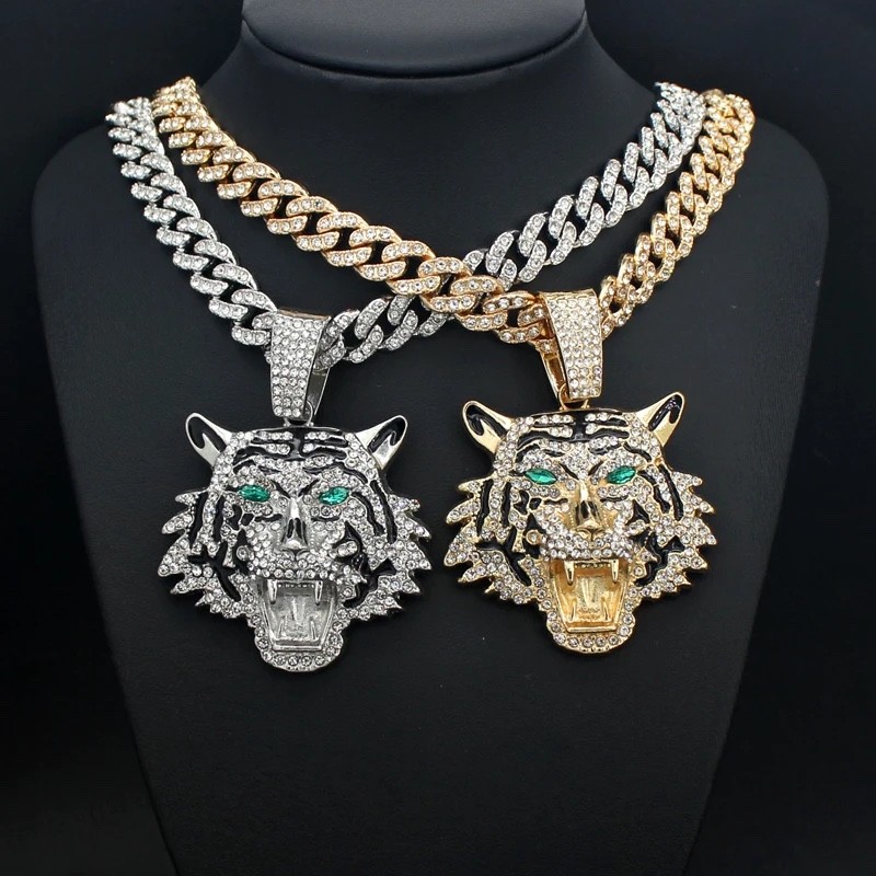 Iced Out Tiger Head Pendant Chain Silver Cuban Link Hip Hop Necklace Bling