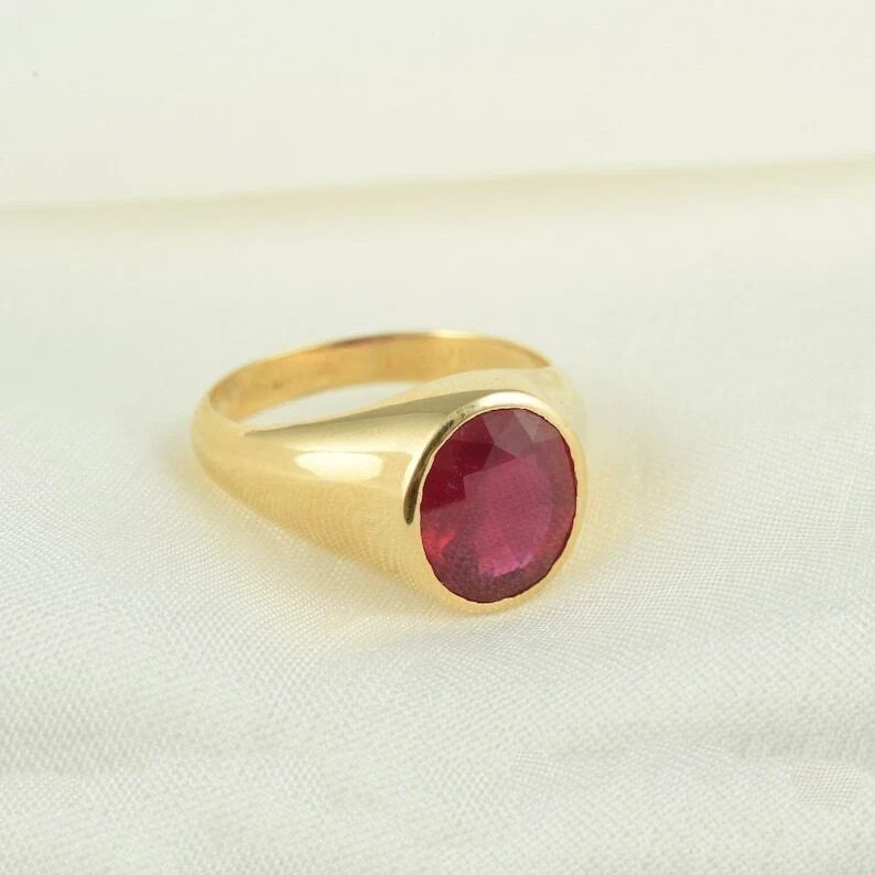 7Ct Natural Red Ruby Gemstone Solitaire Statement 14K Gold Plated Silver Ring