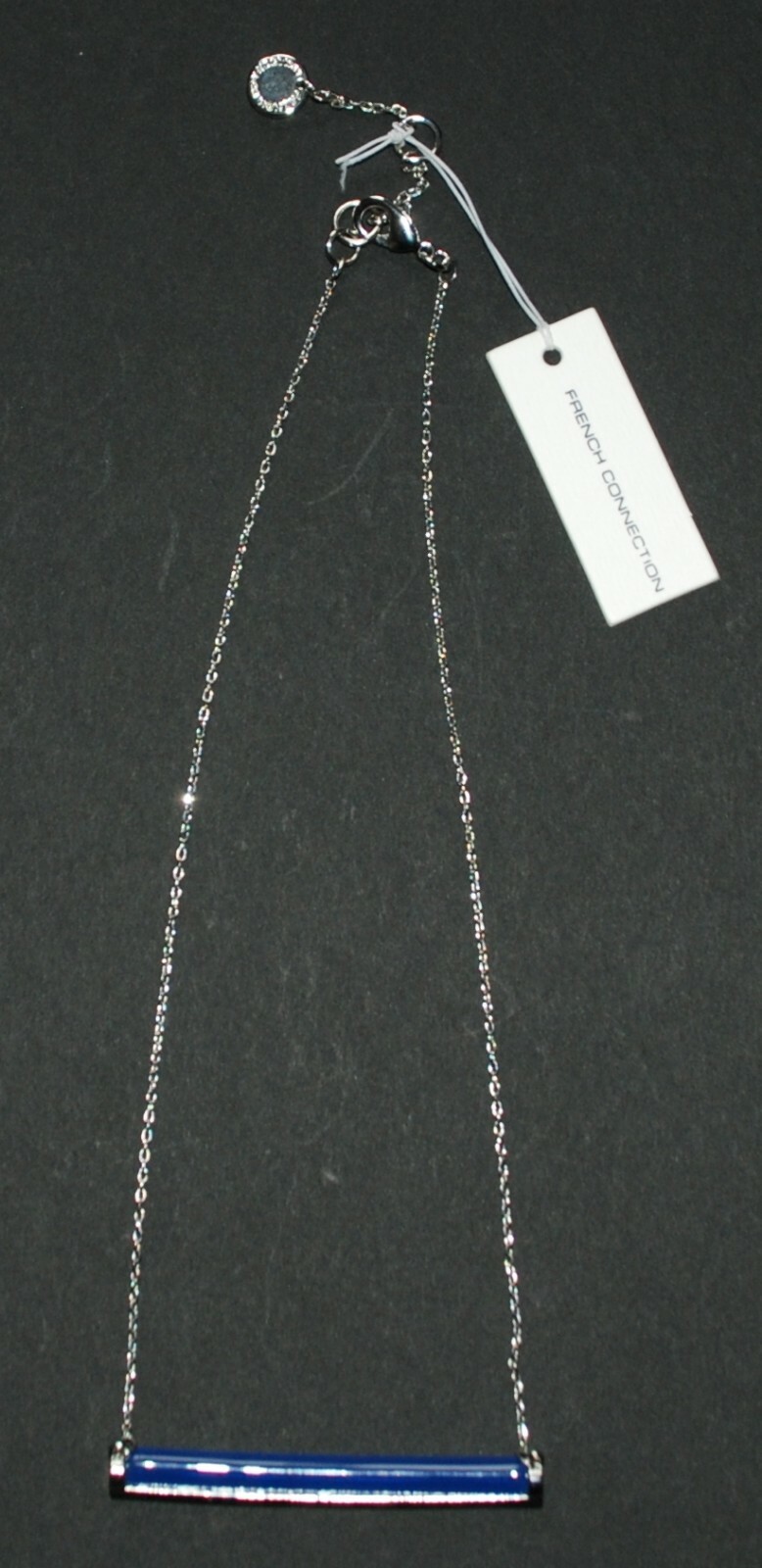 French Connection Jewelry Horizontal Blue Tube Bar Pendant With 18” Silver Chain