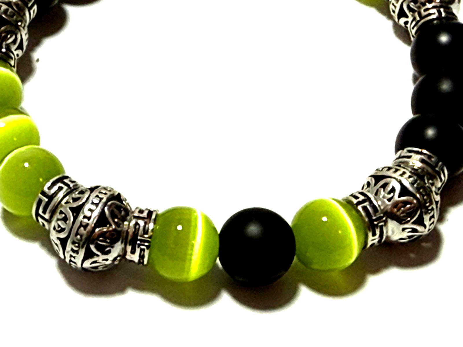 Handmade 10mm Matte Black Onyx, Lime Green Catseye Sterling Silver Bead Bracelet