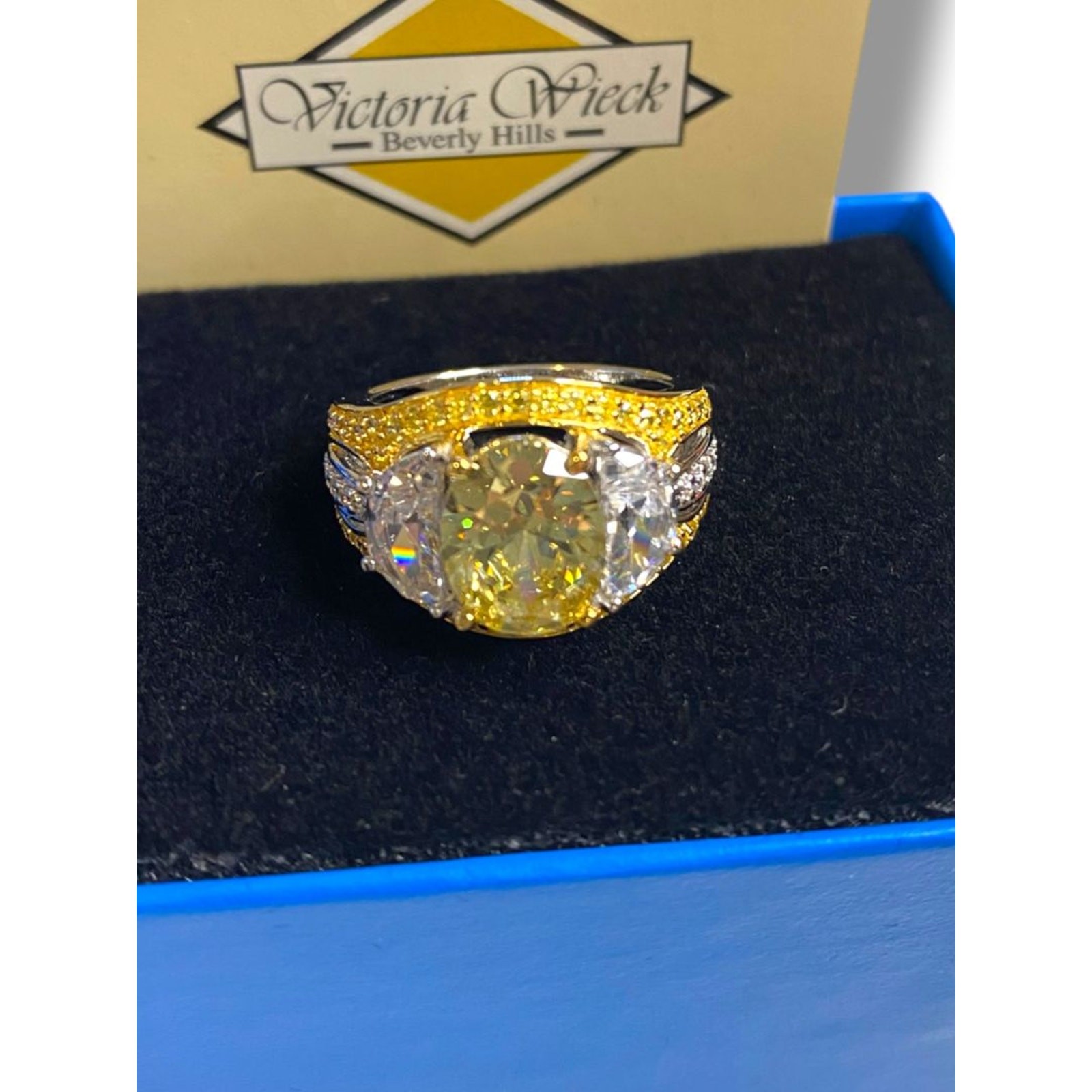 Size 6.5 Victoria Wieck PAJ Vermeil Yellow & Clear CZ Three Stone Cocktail