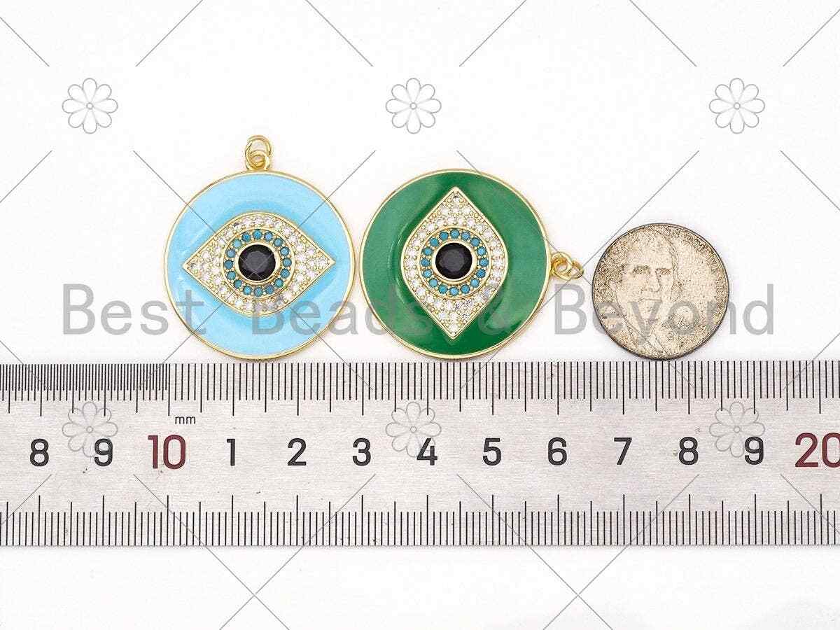 Large CZ Micropave Evil Eye On Colorful Enamel Round Coin Shape Pendant, 18k