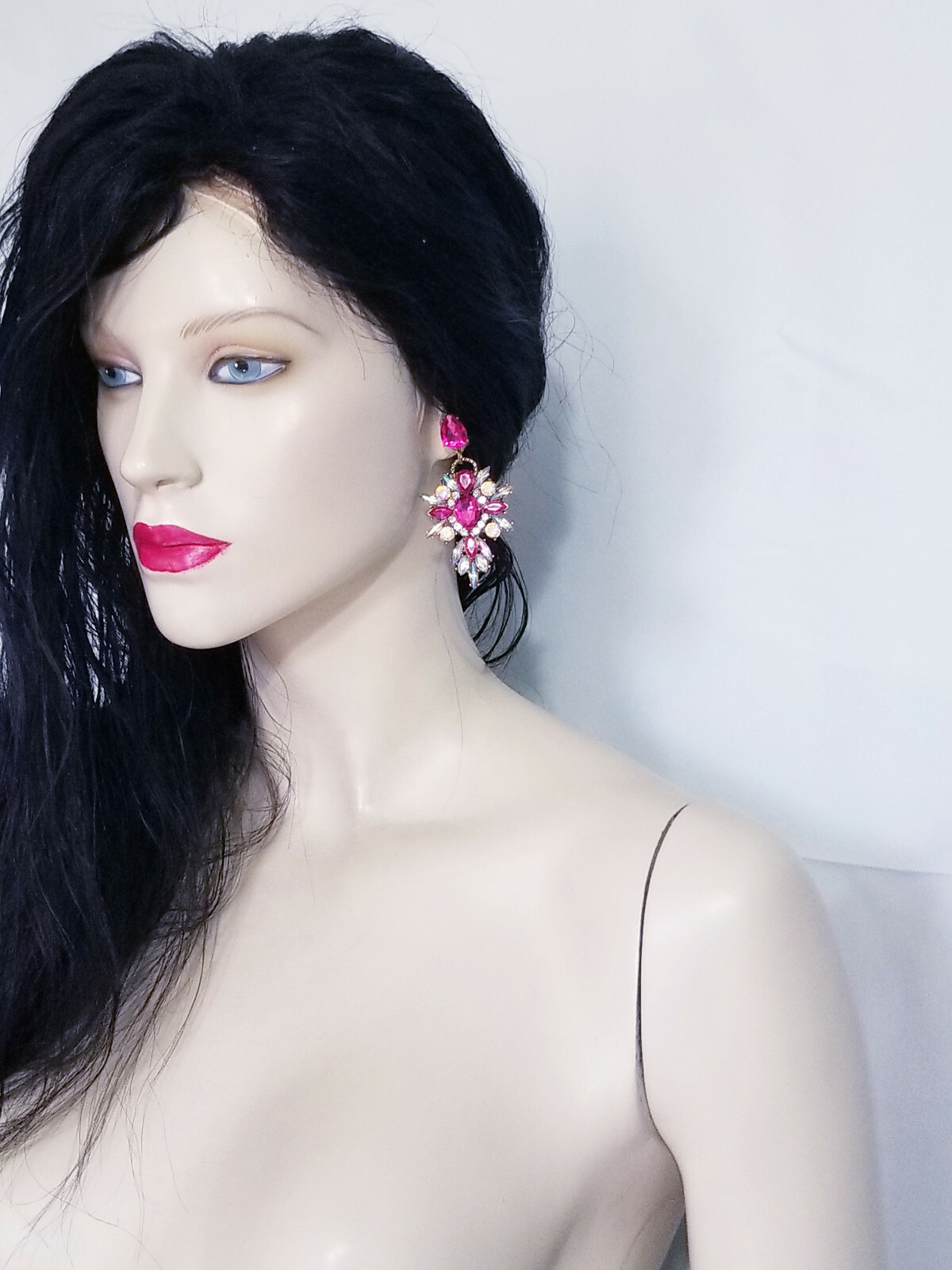 Chandelier Earrings Pink Rhinestone Crystal 2.8 in