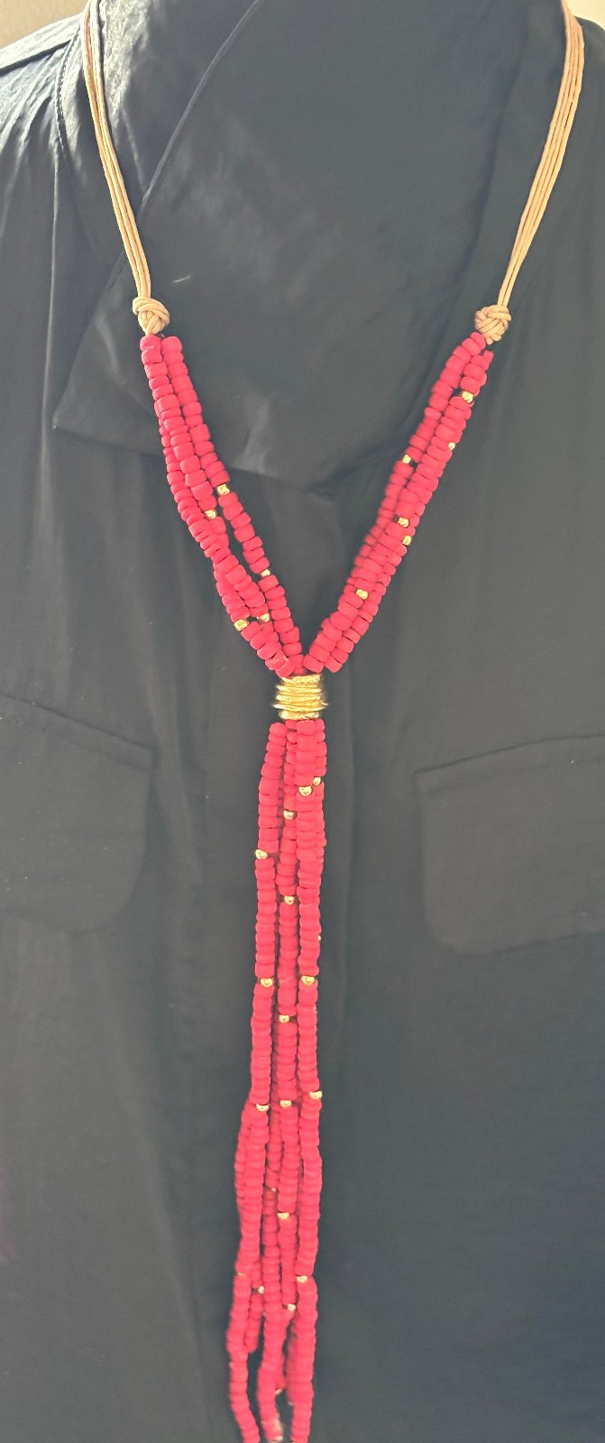 CHICO’S Statement Necklace Wood beads Blood Orange & Matte Gold Y-Drop Style