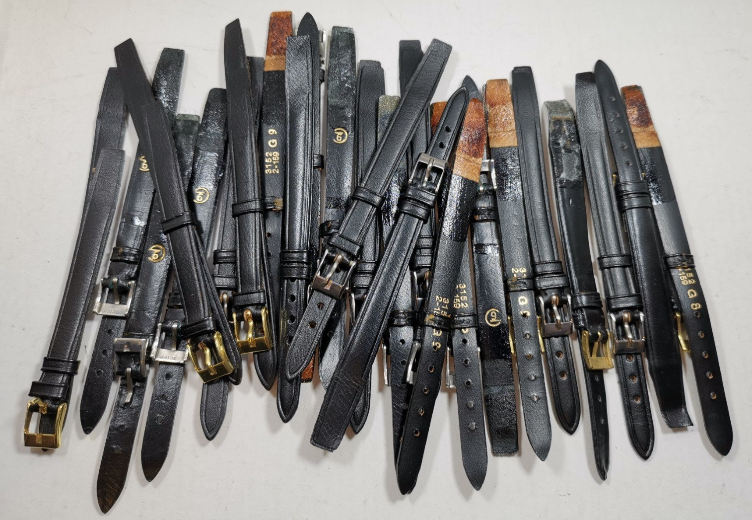 Lot 20 x Vintage Watch Straps Black Leather Open-Ended Glue-On 9mm G9 NOS