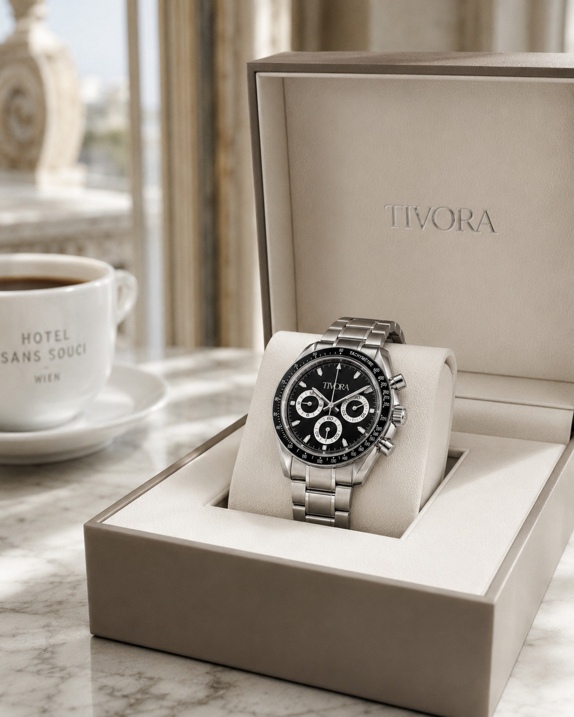 TÍVORÁ Veyron Argent Steel Onyx Dial – Custom Branded Automatic Chronograph Watc