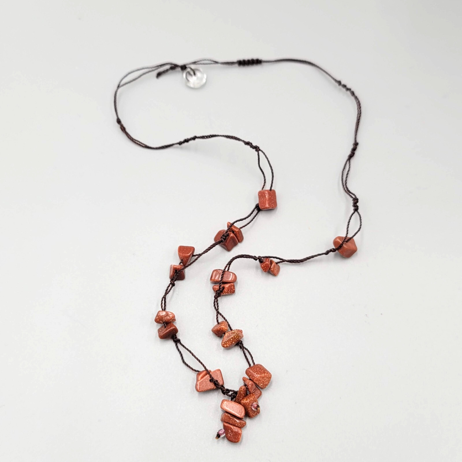 Gold Sandstone Chip Beads Necklace Hand Knotted Cord 18”