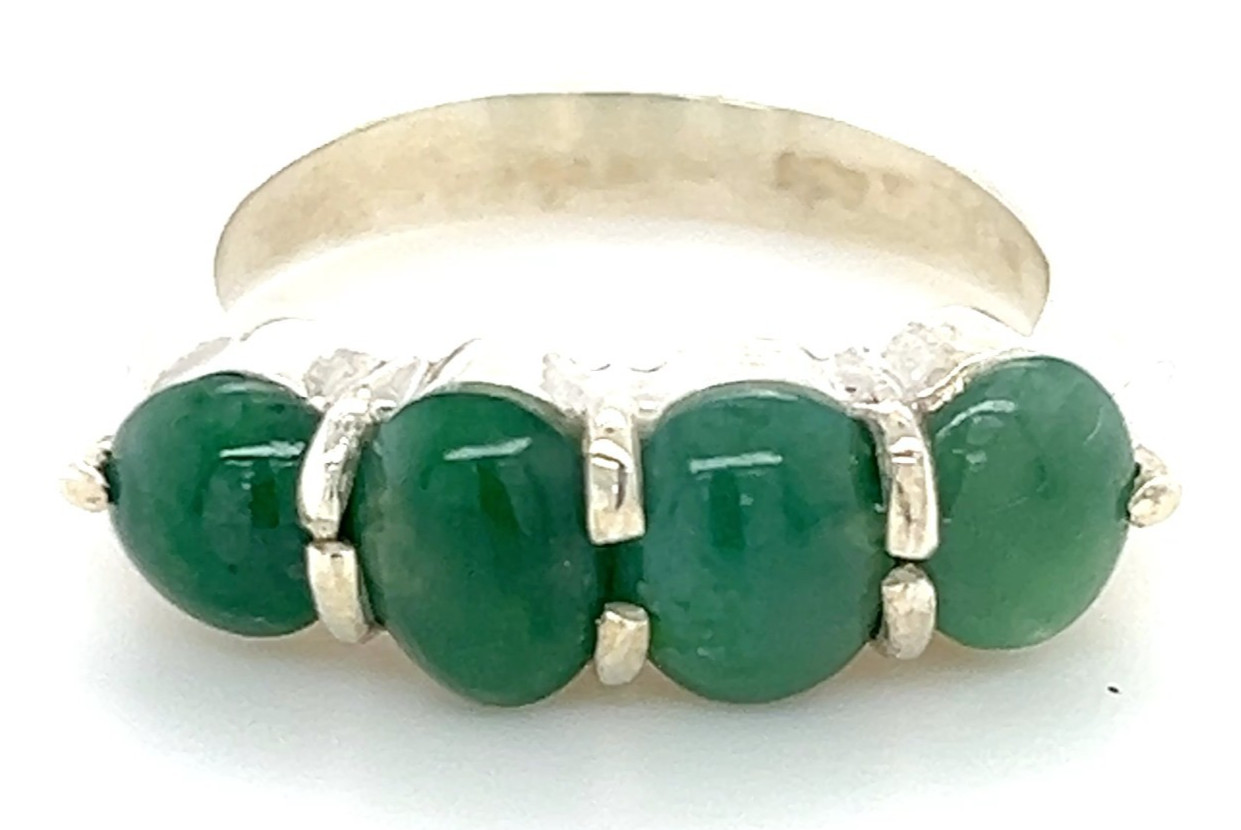 Type A Imperial Green Jadeite 4-Stone Ring 925 Silver Sz7.5