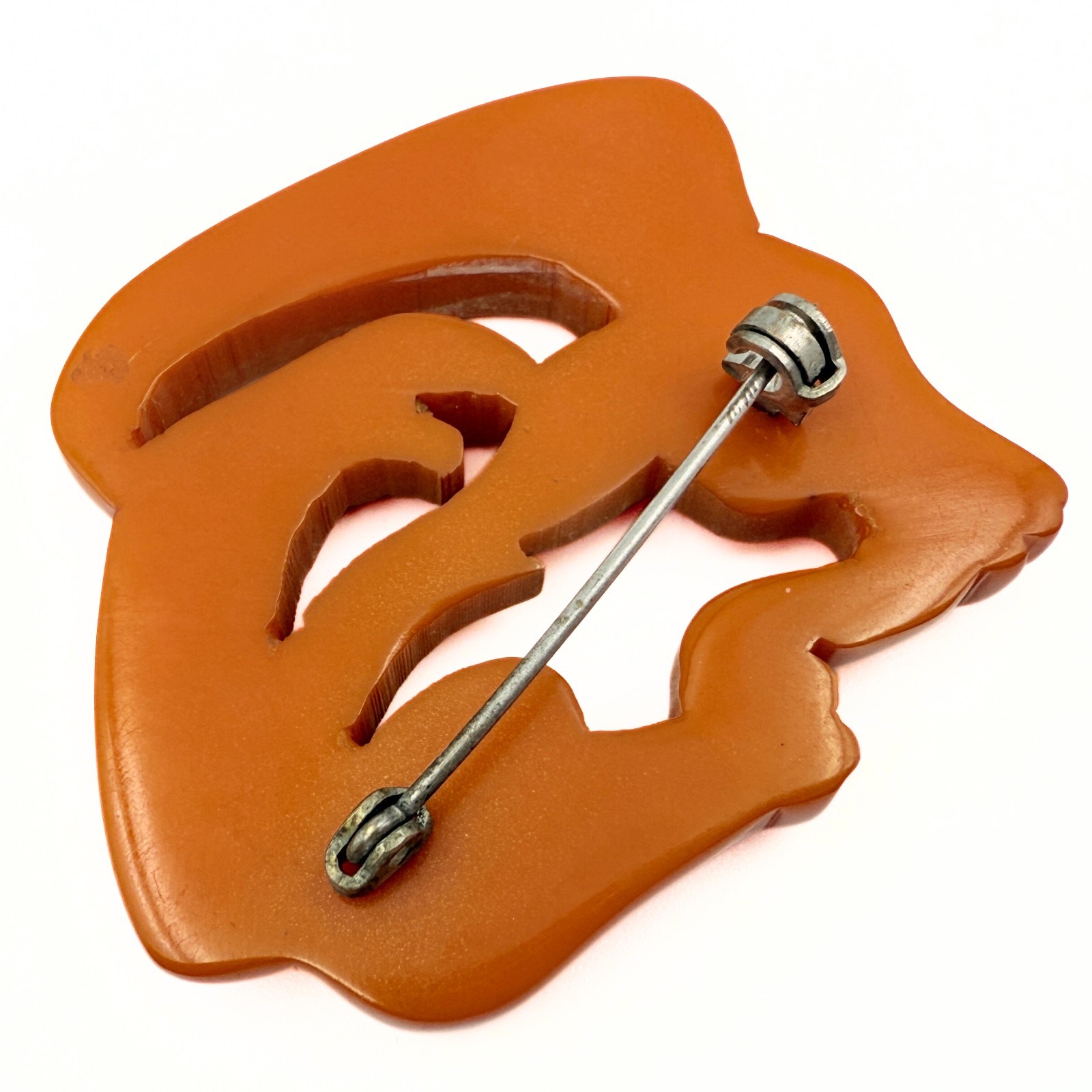 Vintage Chinese Export Carved Chestnut Bakelite Figural Goats Head Brooch