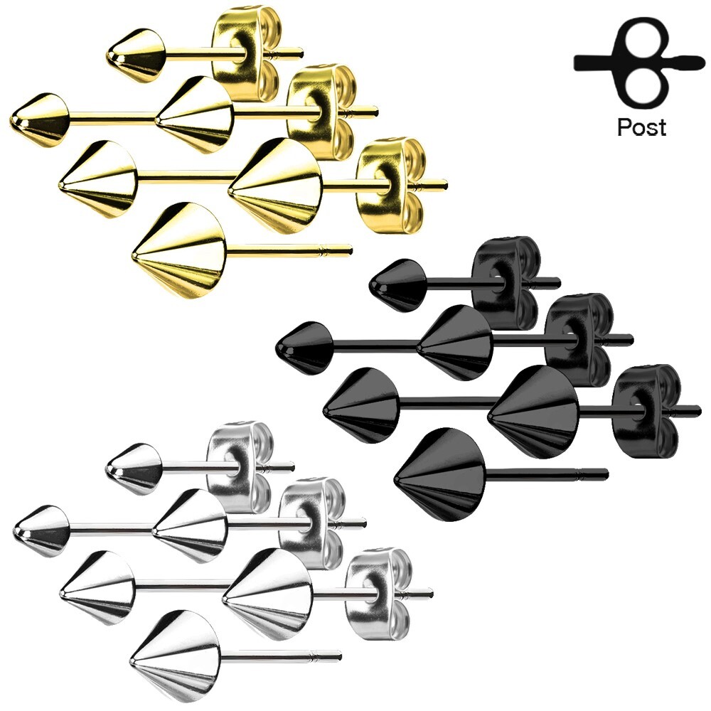 Stainless Steel 3mm-5mm Cone Spike Post Stud Earrings Silver Black Gold Plated