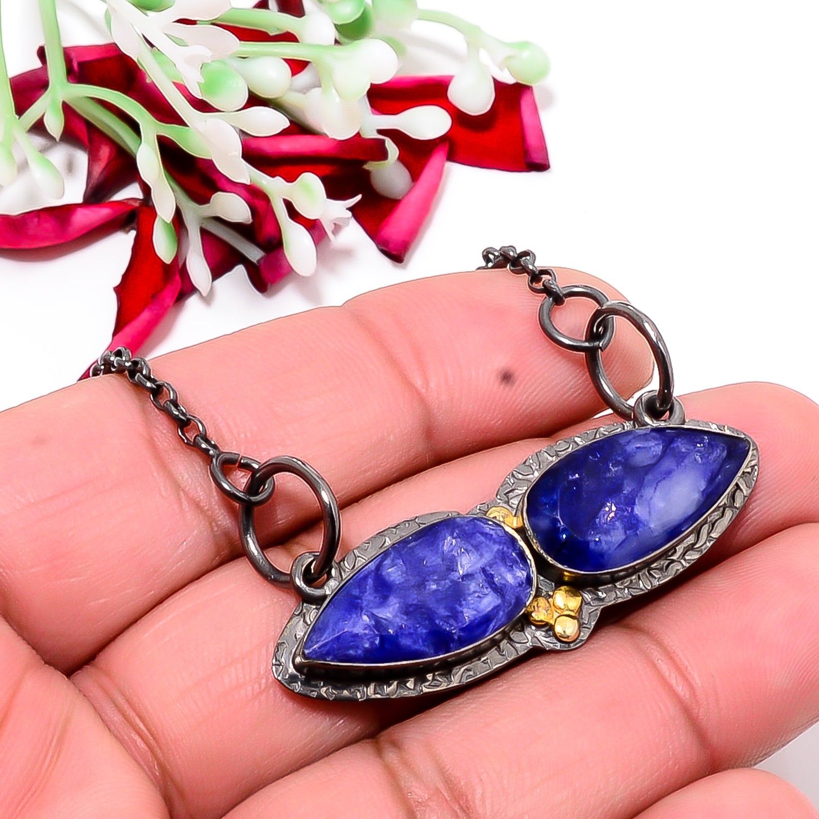 Blue Sapphire – Simulated Black & Gold Rhodium 925 Silver Chain Pendant 18-22″