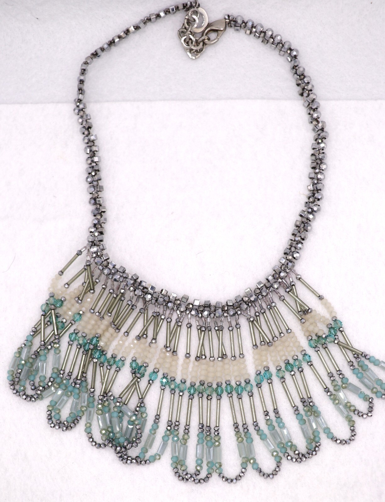 RUSH DENIS & CHARLES Aqua Blue White Silver Crystal Dangle Statement Necklace