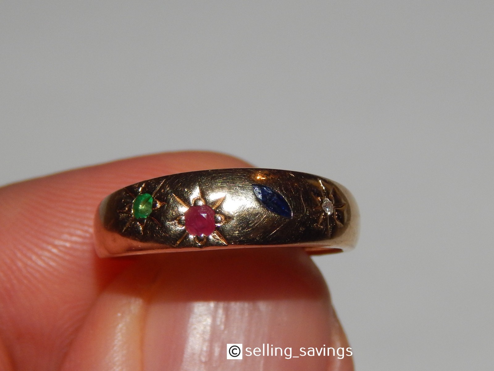 14K YELLOW GOLD RUBY EMERALD SAPPHIRE DIAMOND GYPSY SET 1/4 INCH WIDE BAND RING