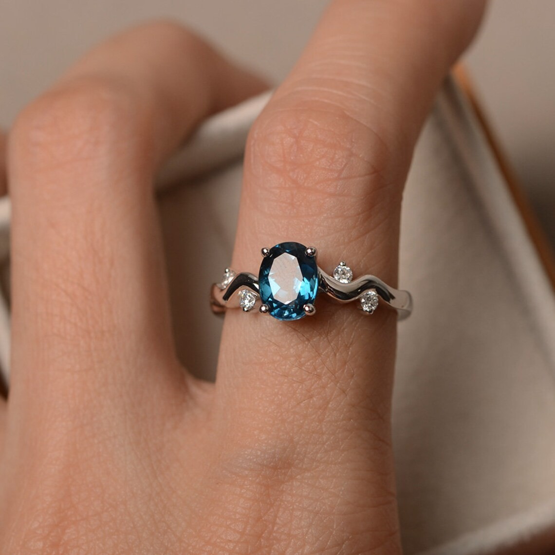 2CT Oval Blue Topaz Dainty 925 Silver Plated Statement Ring Duty Free