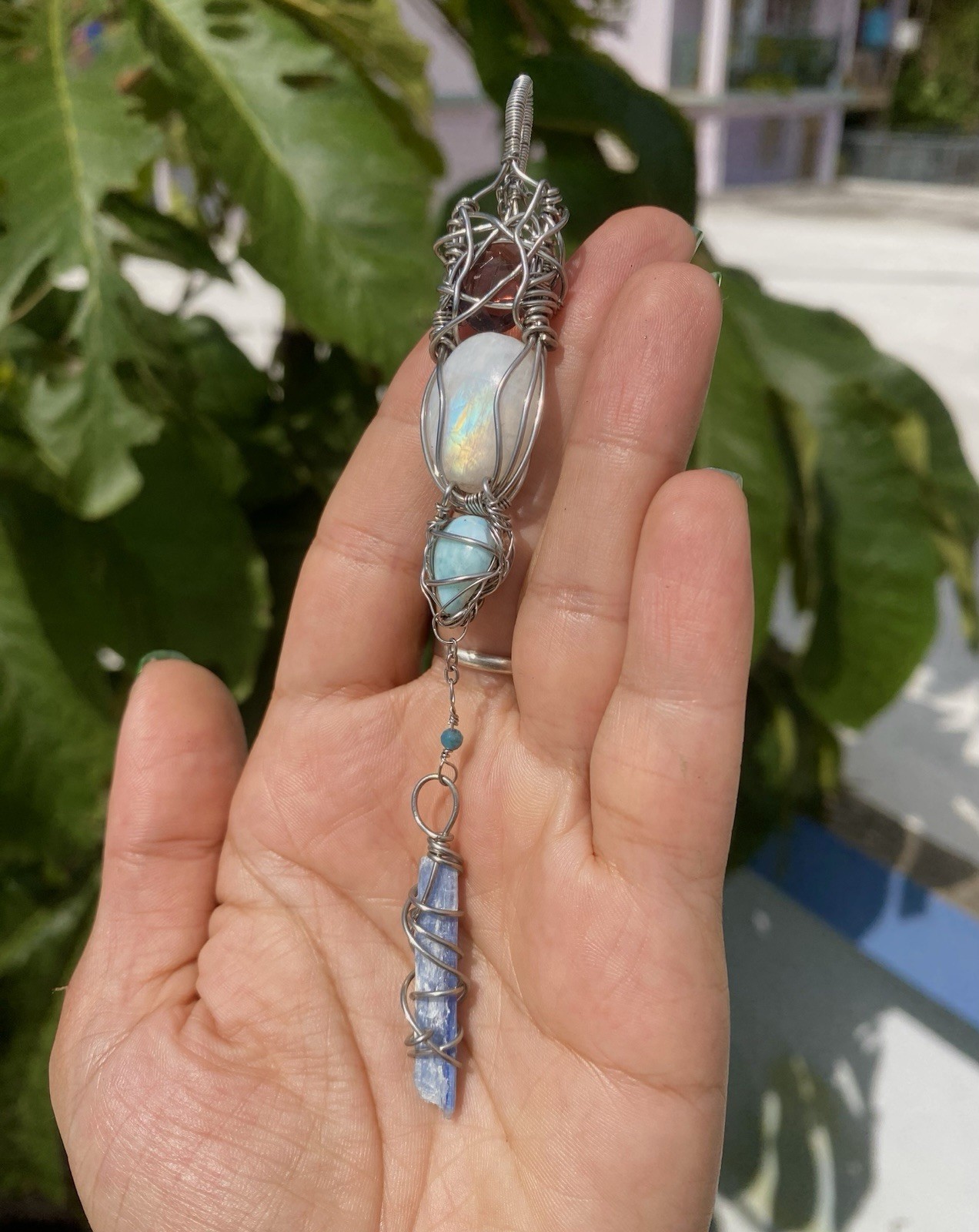 Rainbow Moonstone, Larimar & Kyanite Necklace Amethyst & Blue Apatite Steel