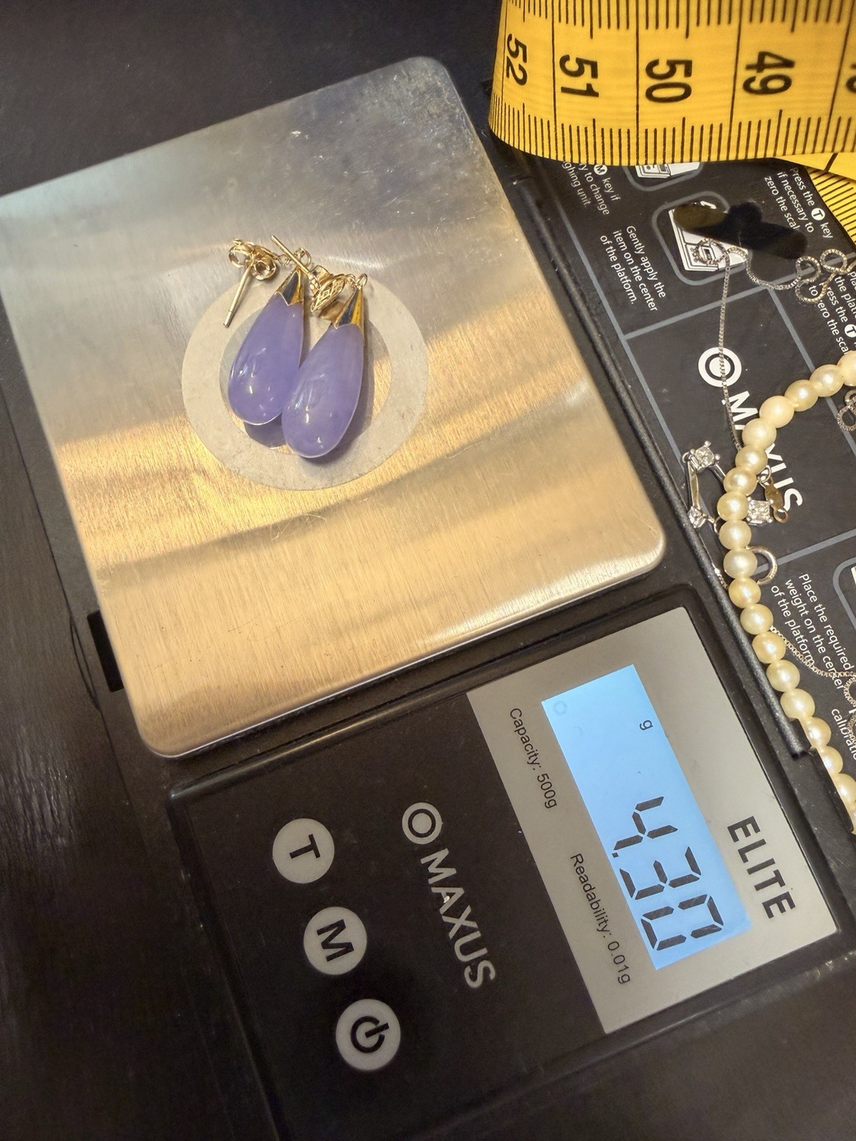 14k Yellow Gold Lavander Jade Earrings.