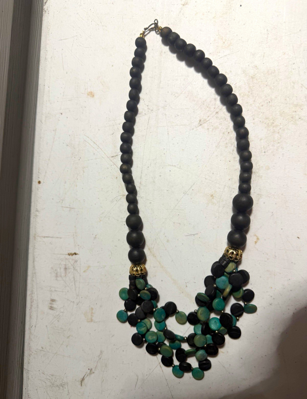 Beaded Statement Necklace Ball/Bead Chain Black & Green Lobster Clasp