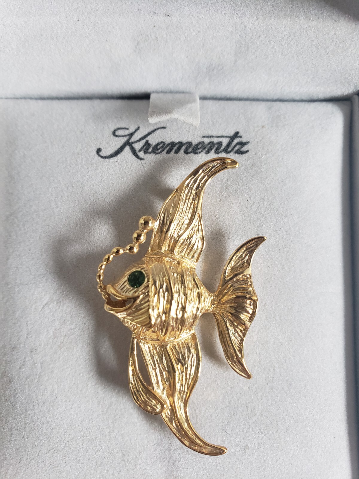NIB Vintage Kremetz Angel Fish Brooch Pin 14K Gold Plated Green Eye 1 7/8 Inches