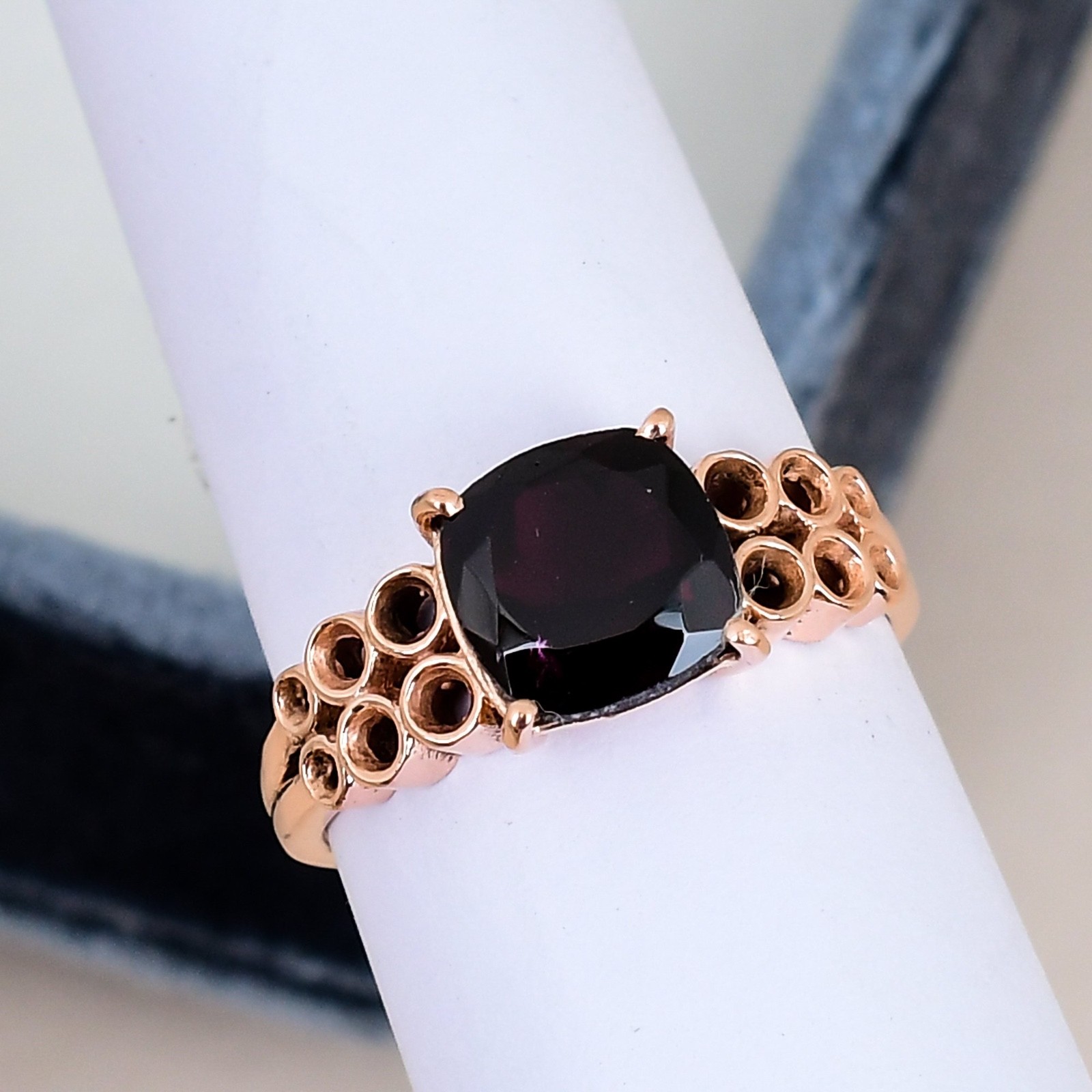 18K Rose Gold Garnet Cushion Ring 8mm Solitaire January Birthstone Gift Her