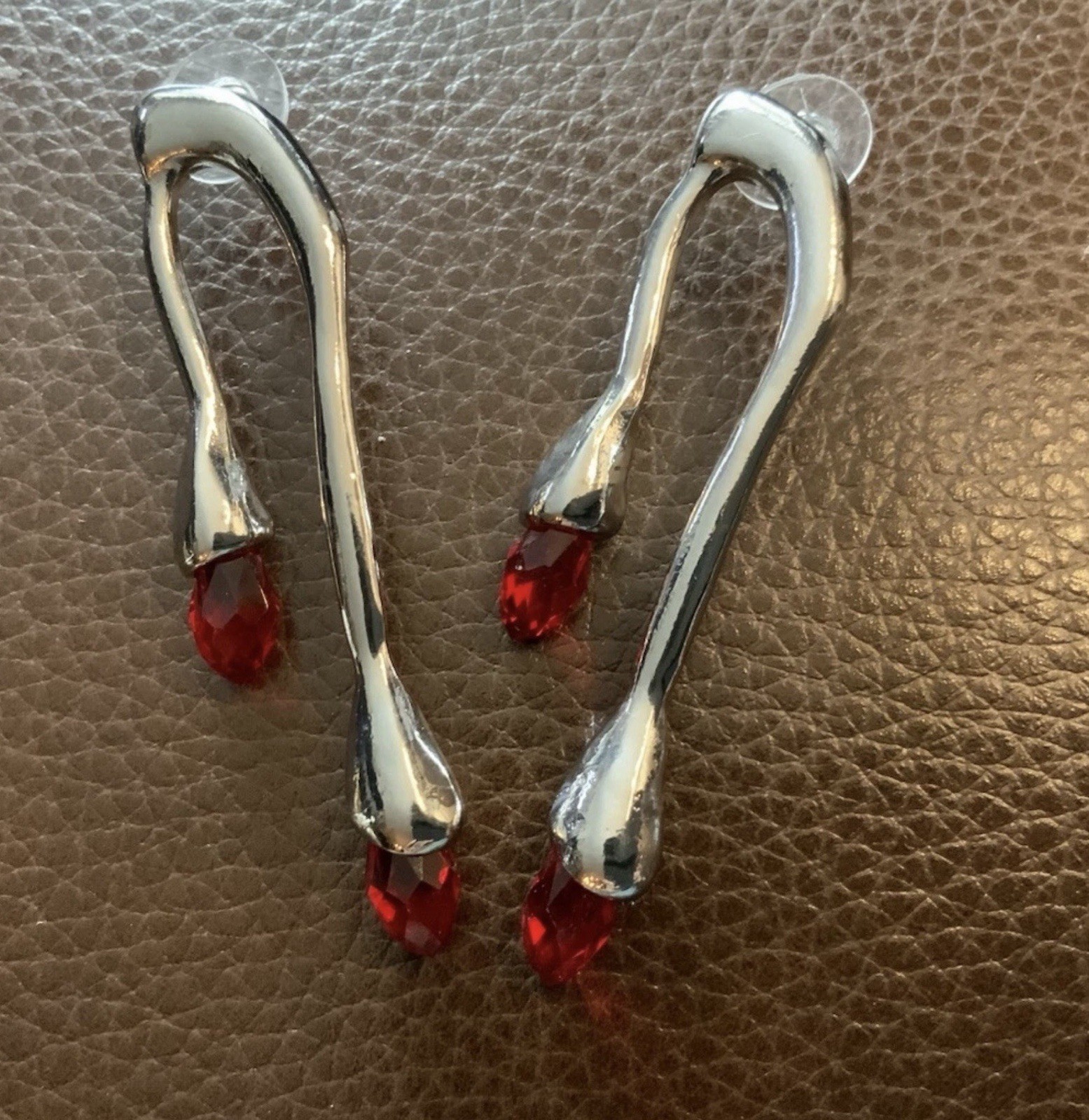Modern Sculptural Earrings Silver COS Red Crystal Matchstick Steampunk Stud VTG