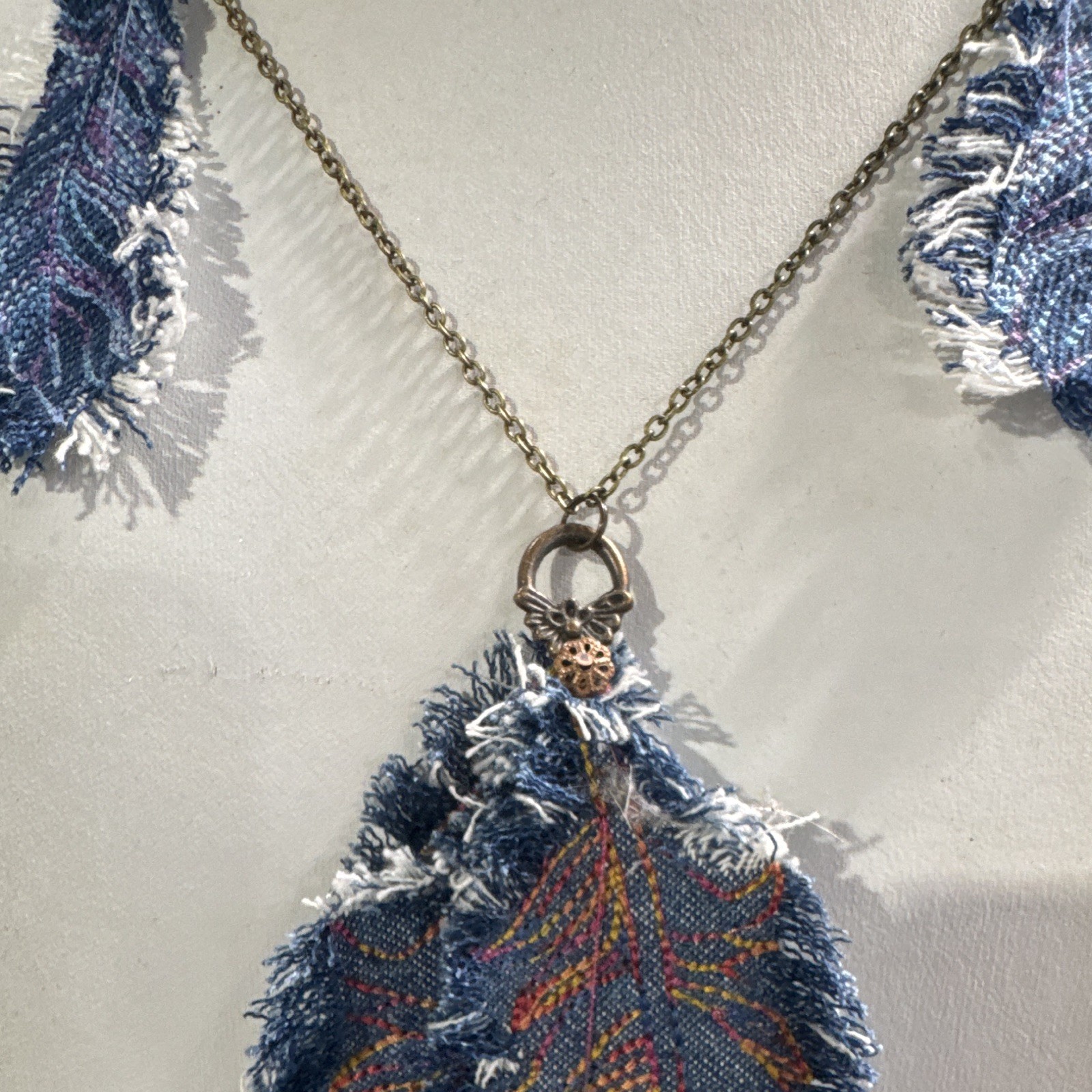 Blue Bohemian Custom Embroidery Feather Pendant Necklace & Earrings Jewelry Set