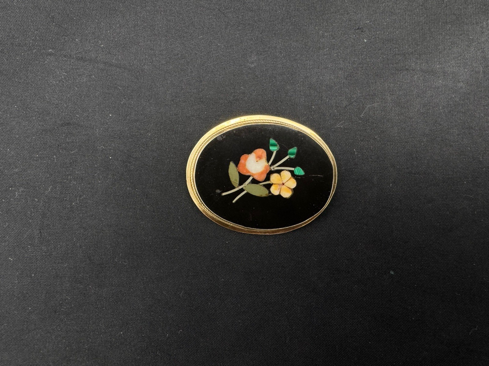 Vintage 14K Gold Pietra Dura Mosaic Multi Stone Floral Brooch Pendant, 7.5 gram